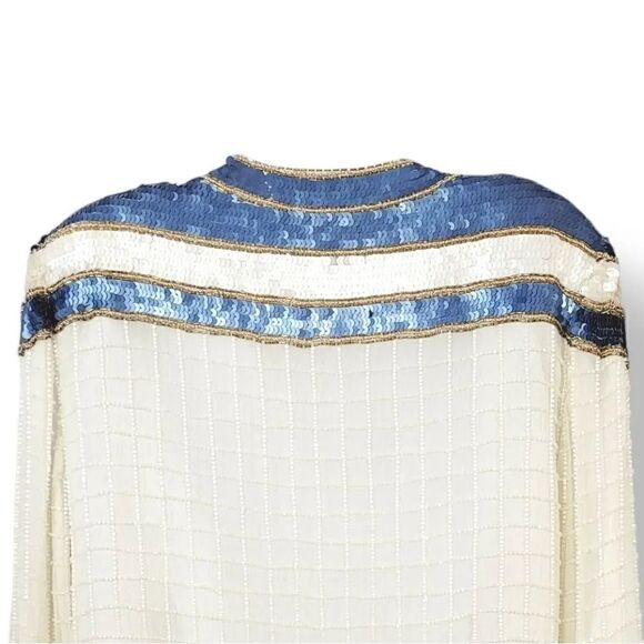 Vintage Carolyn Barton 100% Silk Beaded Evening Jacket in Ivory/Sea Blue Size M - Picture 5 of 16